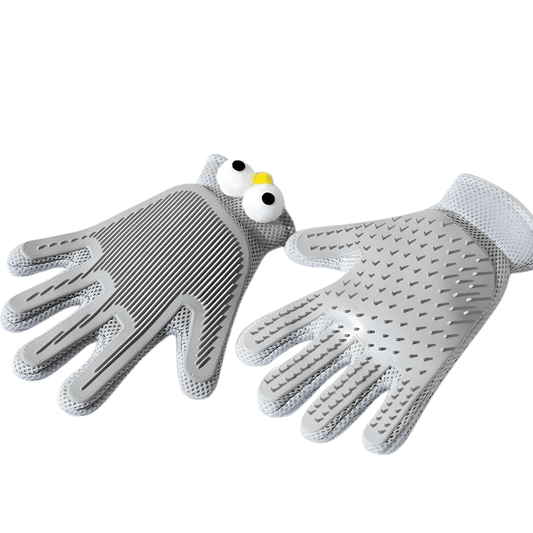 Pair of gray gloves with textured surface on a white background