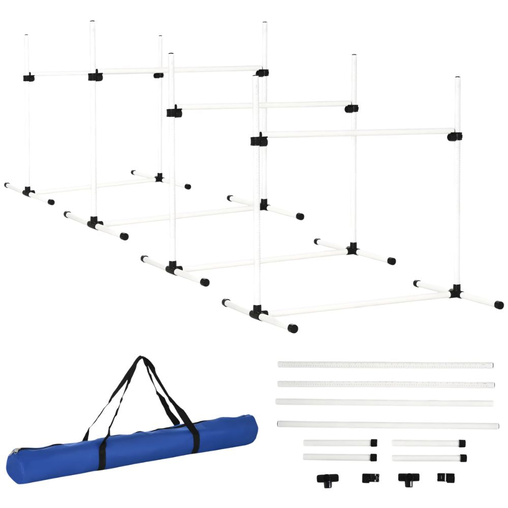 Complete Globopaw 4-piece dog agility training kit displaying the assembled white hurdles, individual plastic poles, black connectors, and the included blue carrying bag.