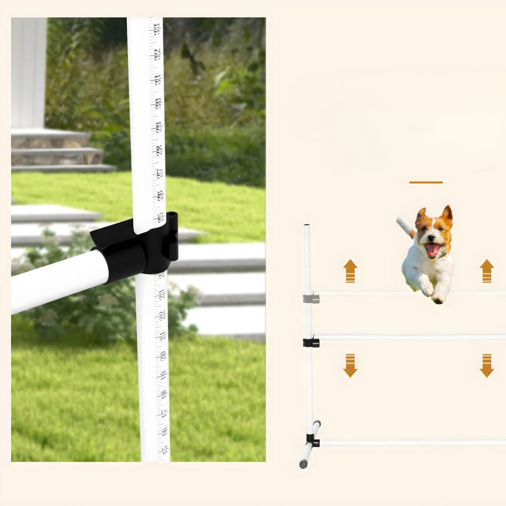 Close-up of the Globopaw adjustable height clip on the agility jump pole alongside a small dog leaping over the adjustable hurdle.
